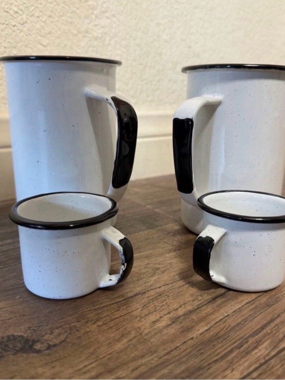White Speckled Enamel Mug Set w/ Black Rim - 2 Large coffee and 2 espresso cups. - Picture 10 of 10